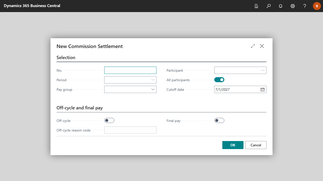 New Commission Settlement dialog
