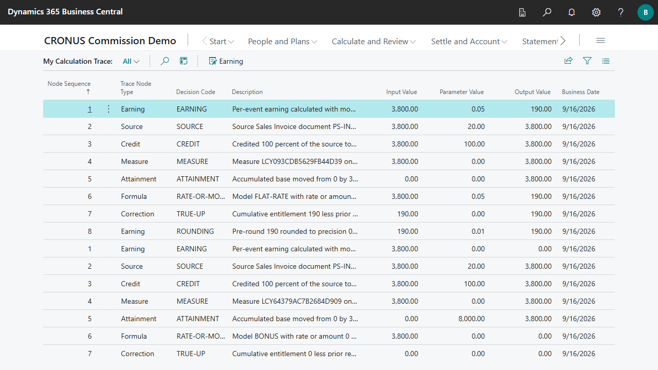 My Calculation Trace page listing source, credit, measure, rate and rounding steps for John Roberts' earnings