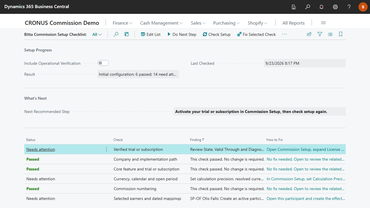 Setup checklist with passed checks, findings and the next recommended step