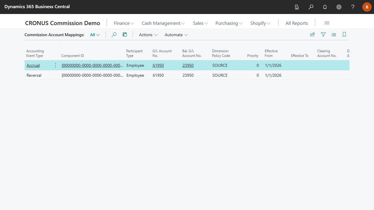Commission Account Mappings list