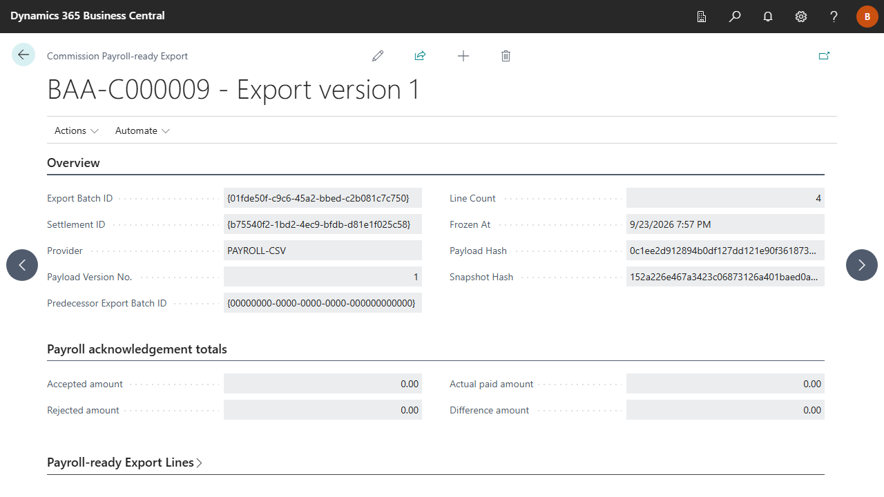 Commission Payroll-ready Export card with lines and acknowledgement totals