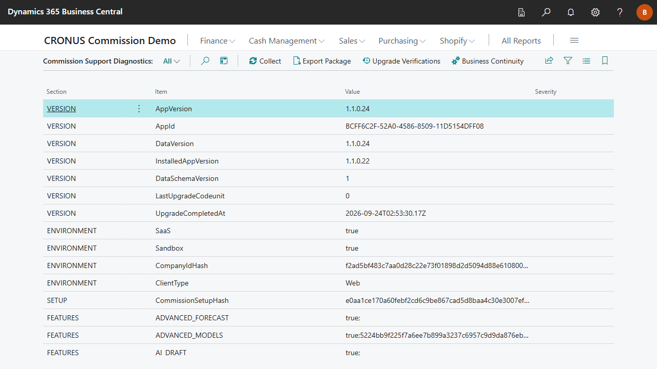 Commission Support Diagnostics page