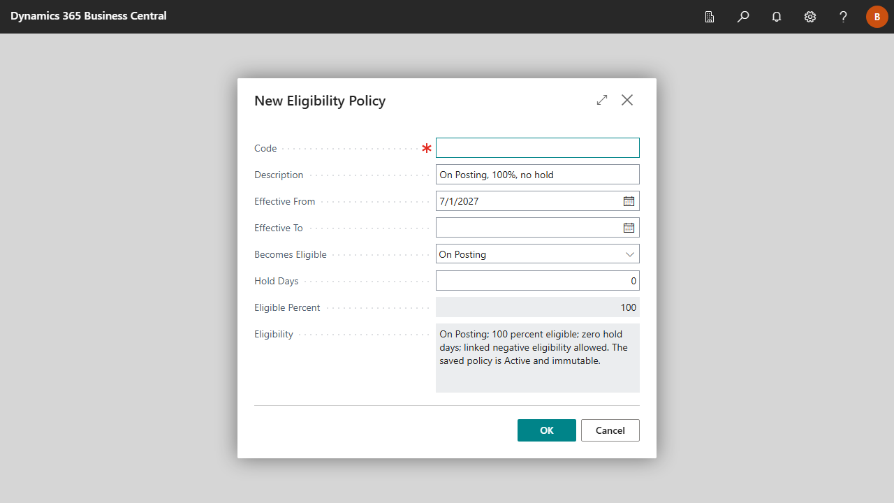 New Eligibility Policy dialog with On Payment selected