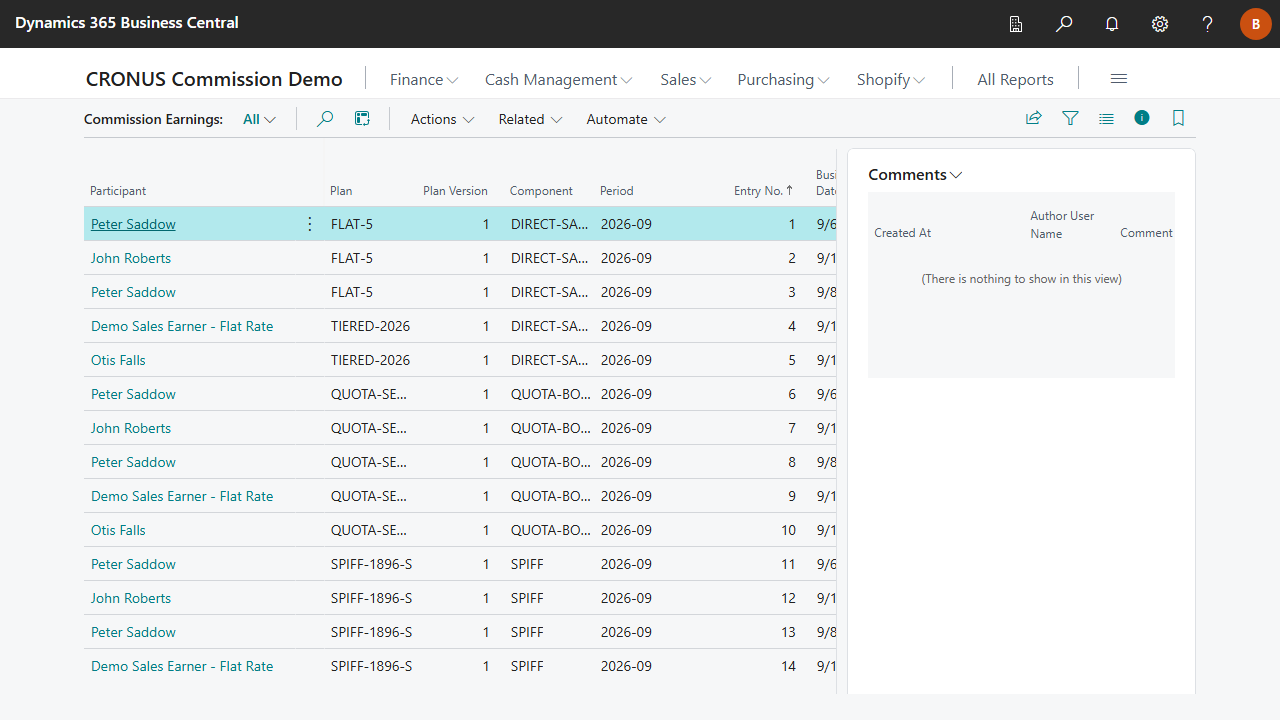 Commission Earnings list with an original and a return earning