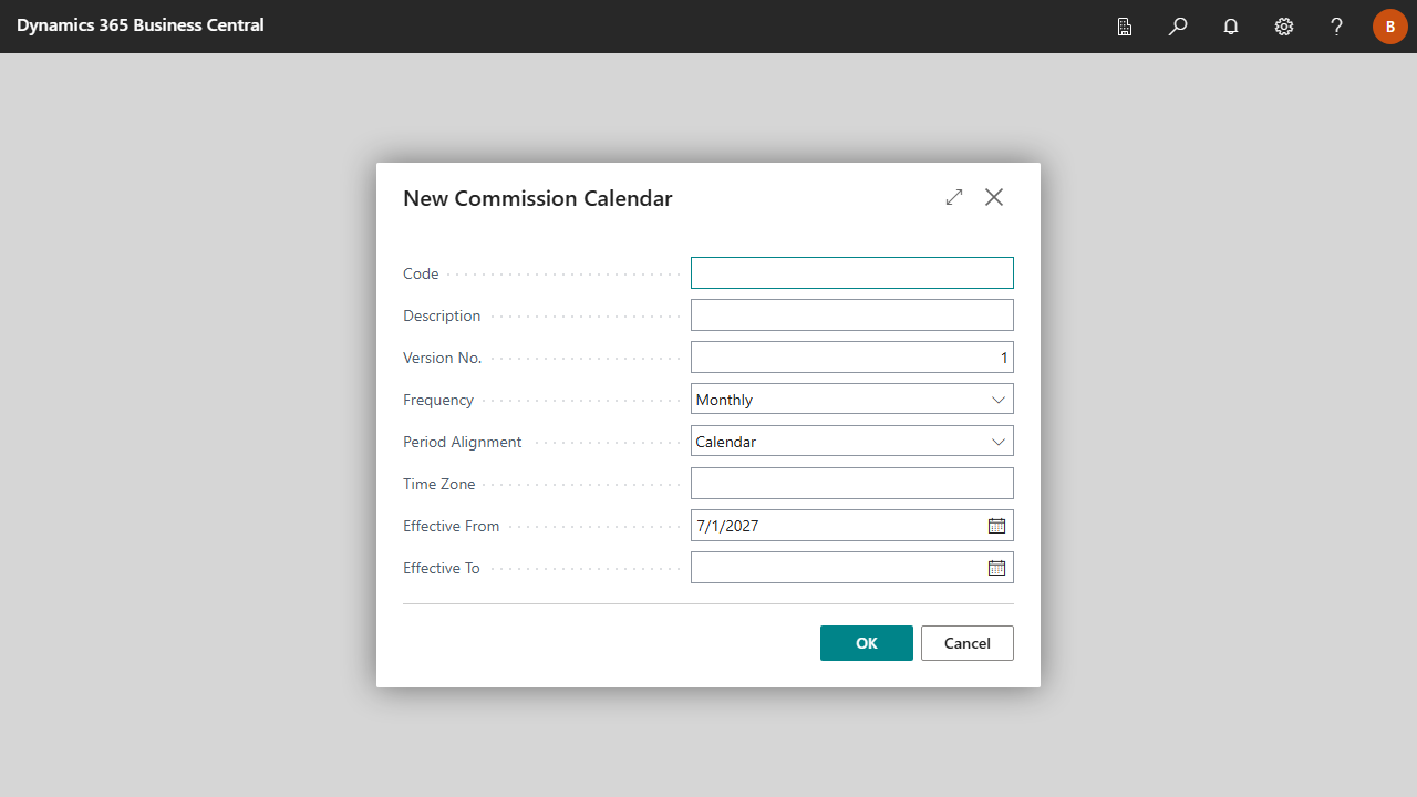 New Commission Calendar dialog filled for a monthly calendar