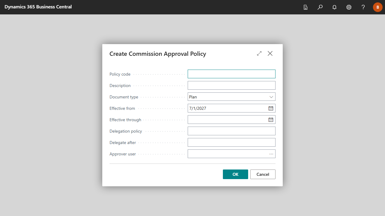 Create Commission Approval Policy dialog