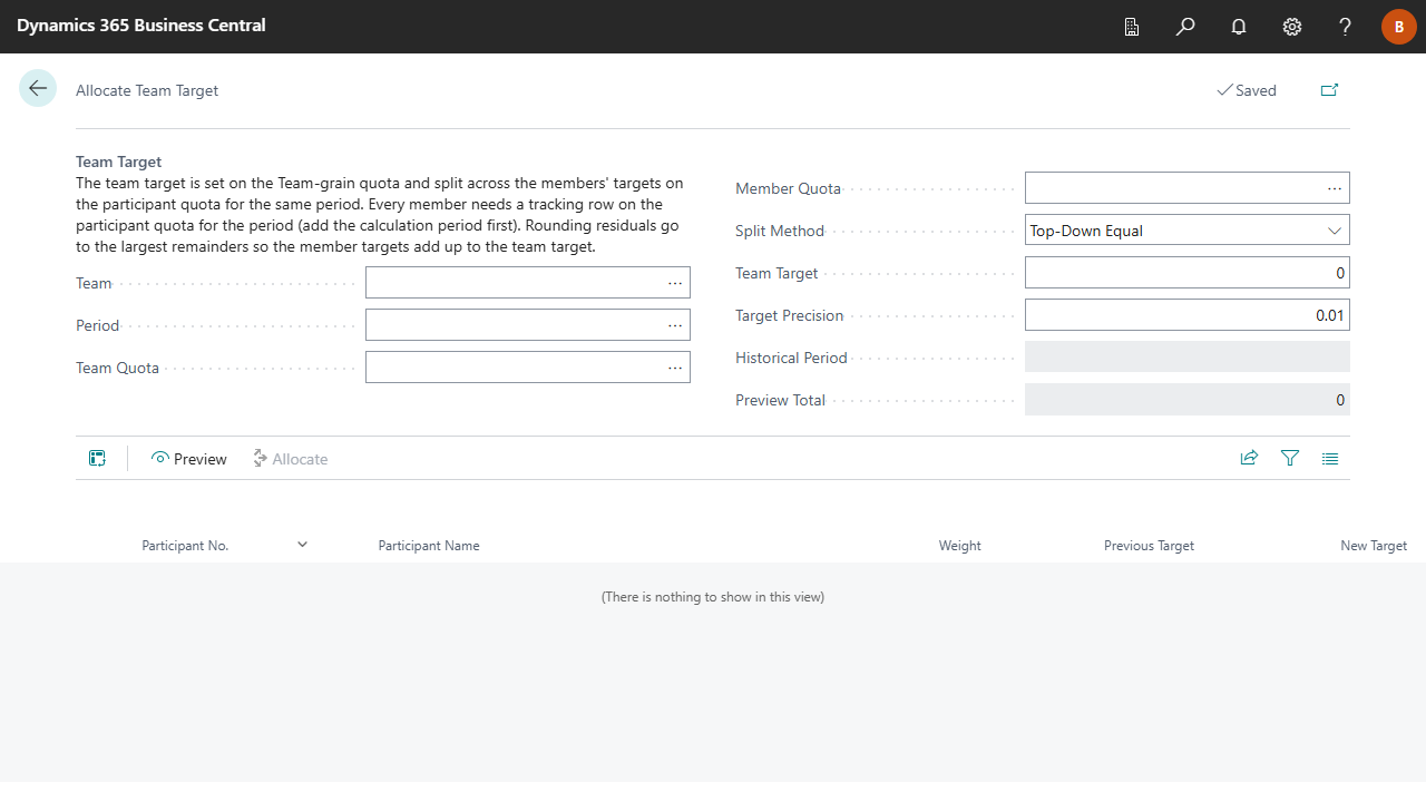 Allocate Team Target worksheet with the team, target and allocation method