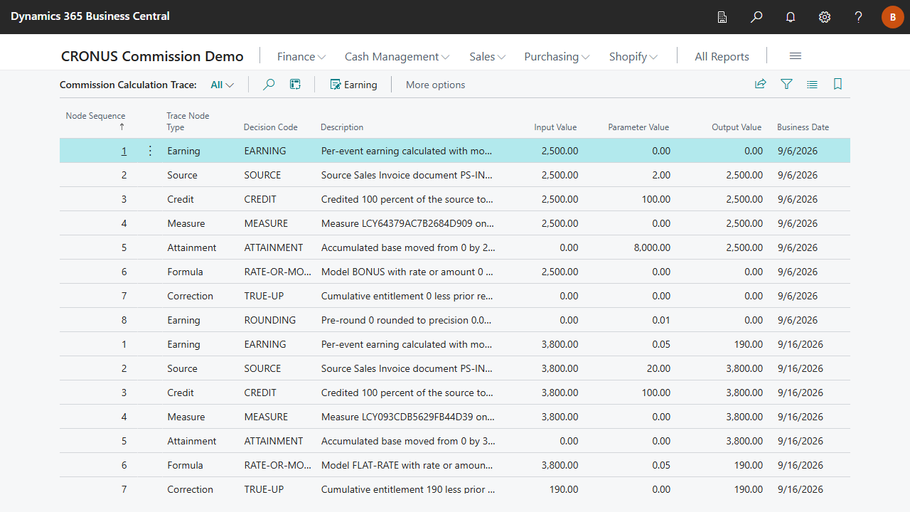 Commission Calculation Trace list for one earning