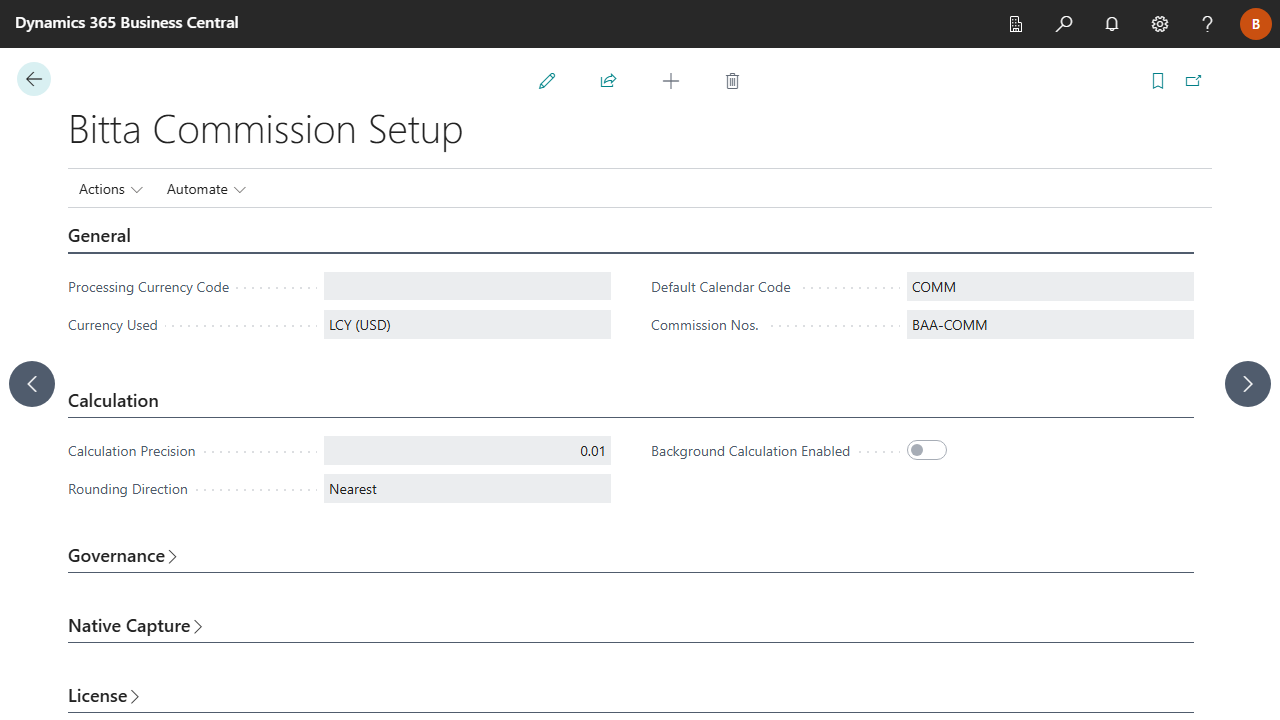 Bitta Commission Setup card showing the License group with a trial state