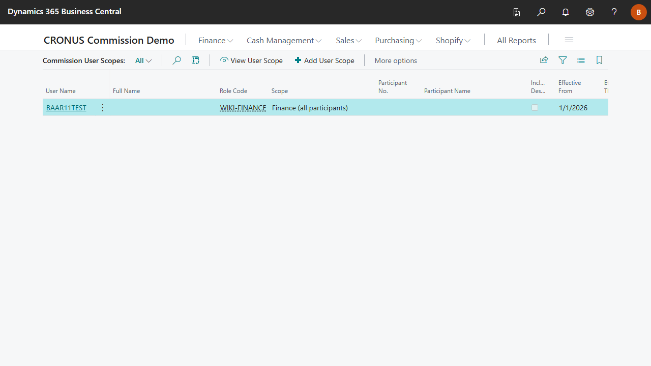 Commission User Scopes list with three scope types