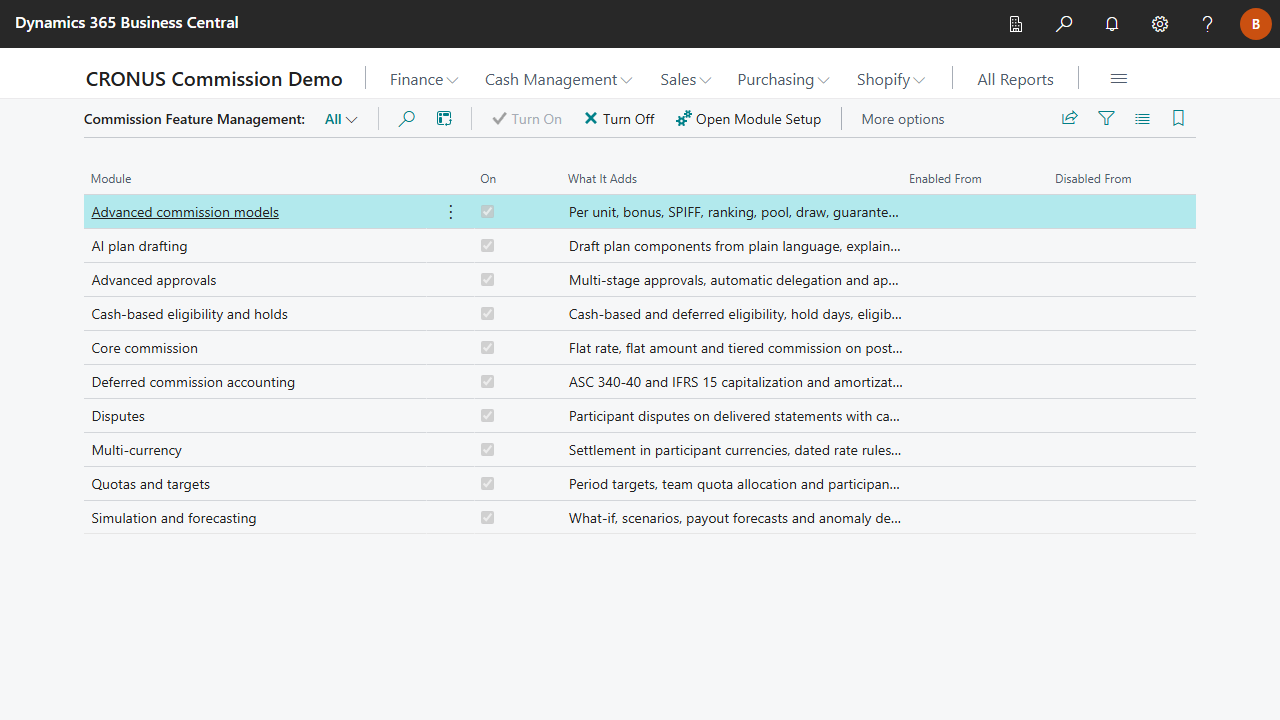 Commission Feature Management page listing the optional modules with their on or off state and what each module adds